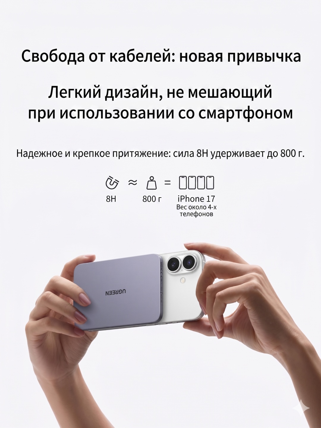 Мобильный аккумулятор Power Bank UGREEN Mag-Safe, 5000mAh, MagFlow Air Qi2,PB580 (75984B)