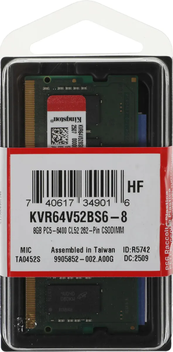 Оперативная память для ноутбука SO-DIMM Kingston Valueram DDR5 8GB 6400MT/s (KVR64V52BS6-8)
