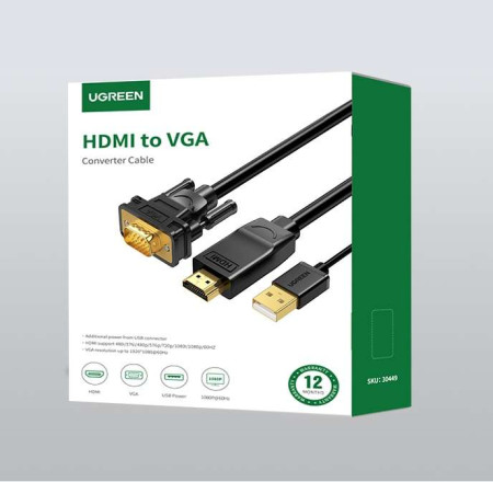 Конвертер UGREEN MM101 HDMI to VGA Converter Cable 1.5m (Black), 30449 (30449)