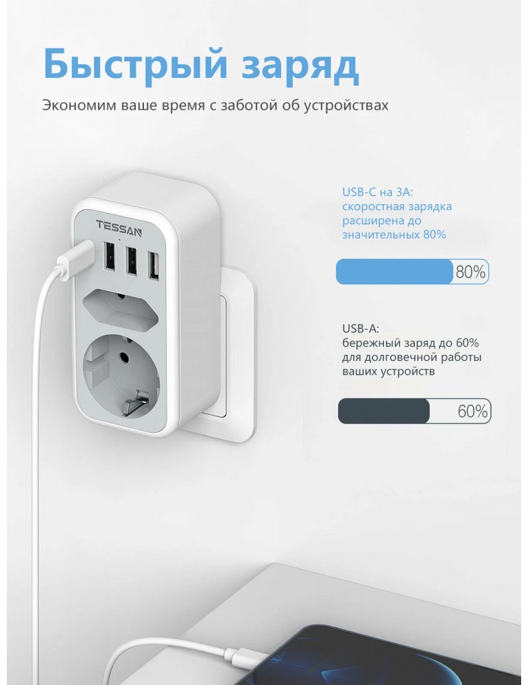Сетевой фильтр Tessan TS-328, Grey (TS-328)
