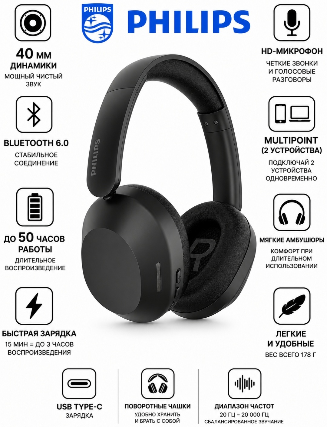 Наушники Philips TAH1020, Black (TAH1020-BK)