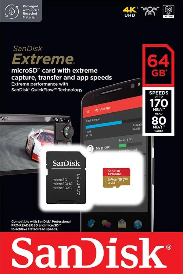 Карта памяти Sandisk Extreme microSDXC 64GB + SD Adapter (SDSQXAH-064G-GN6MA)