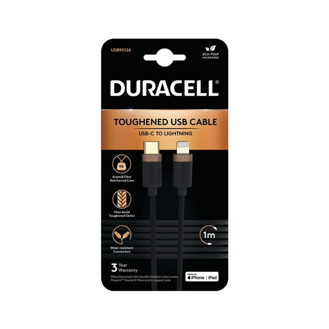 Интерфейсный кабель Duracell USB9012A USB-C to Lightning Черный (USB9012A)