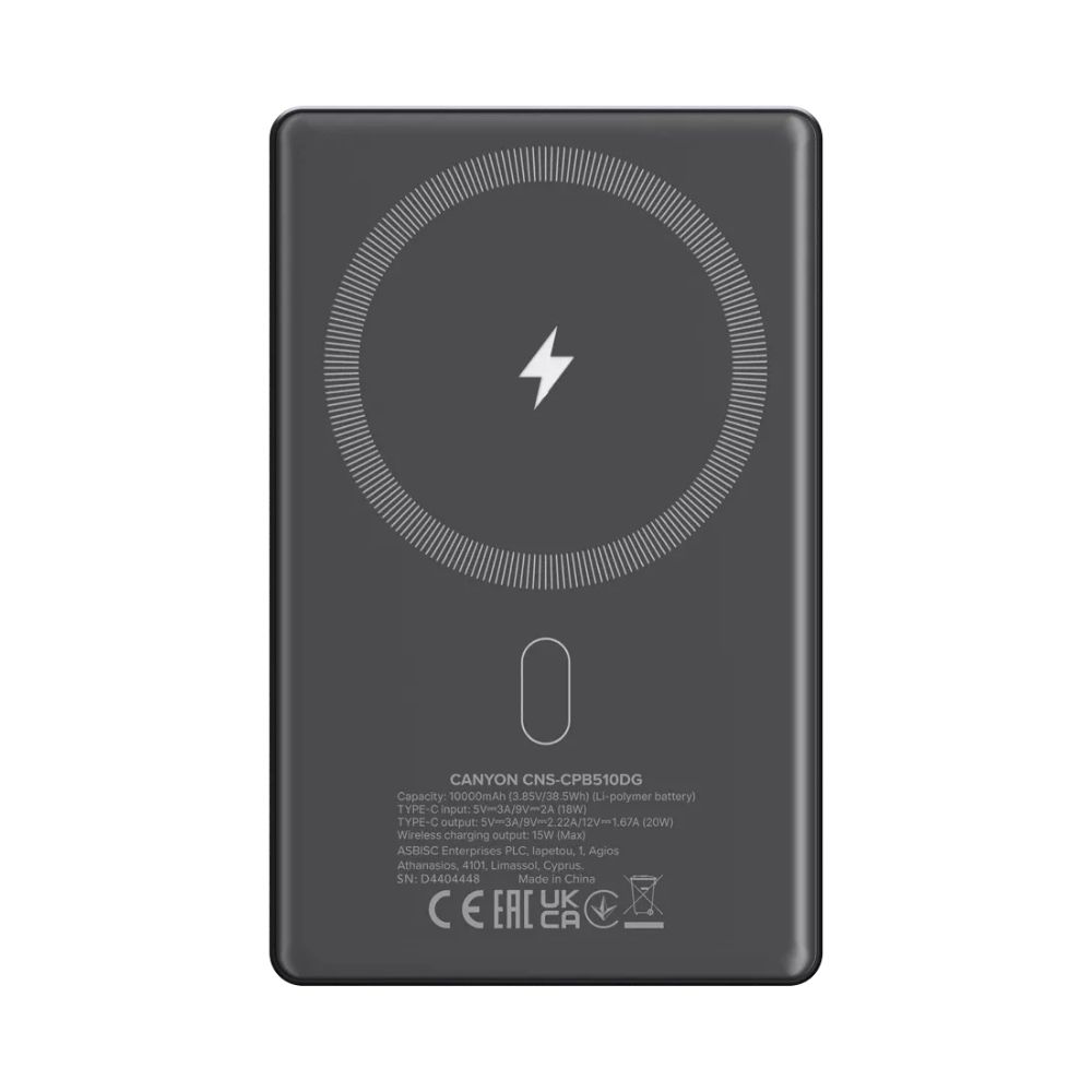 Power Bank CANYON OnPower 510 slim Magnetic 10000 mAh PD20W Dark Grey (CNS-CPB510DG)