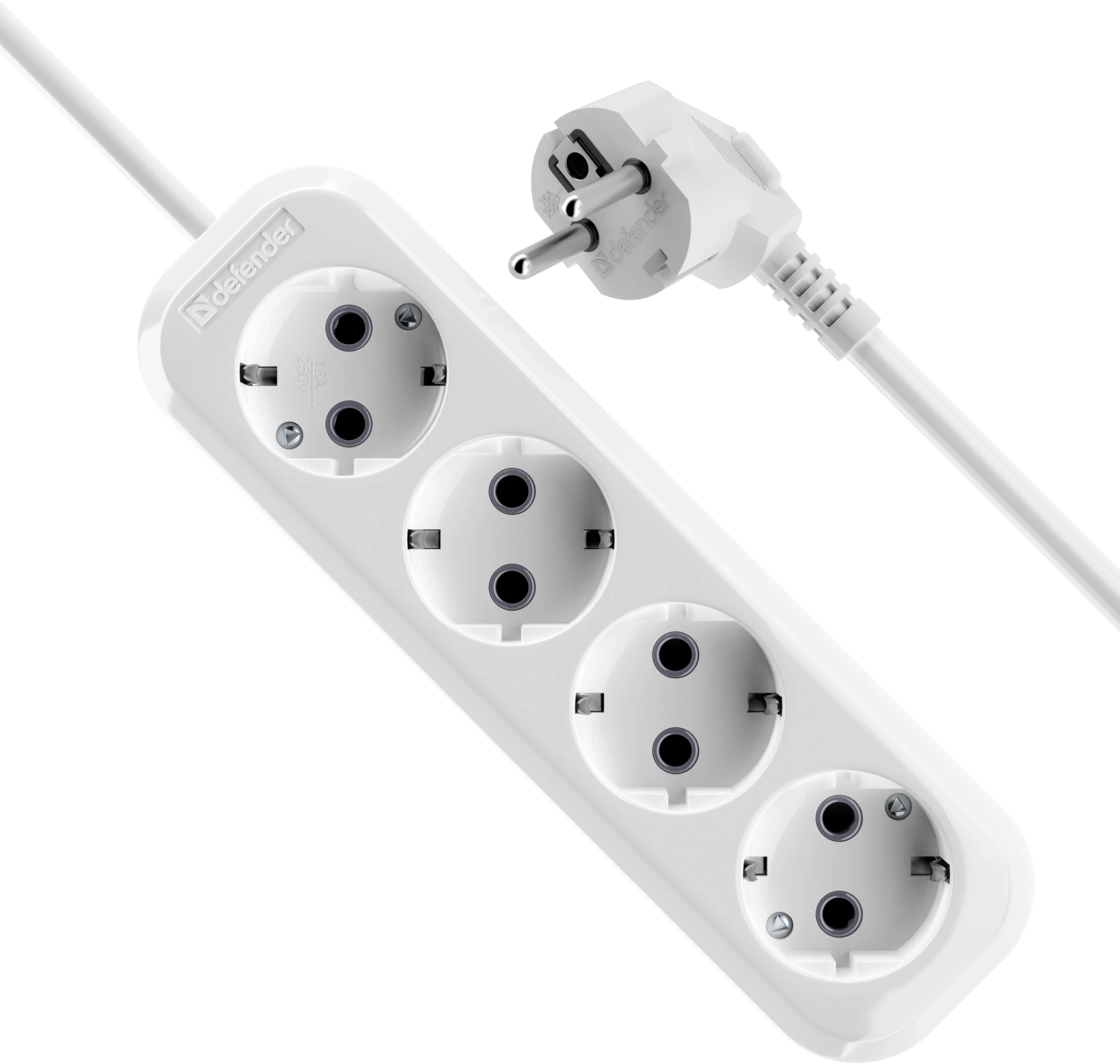 Удлинитель с заземлением Defender R340 16 А, 2 м, 4 розетки, белый (99375)