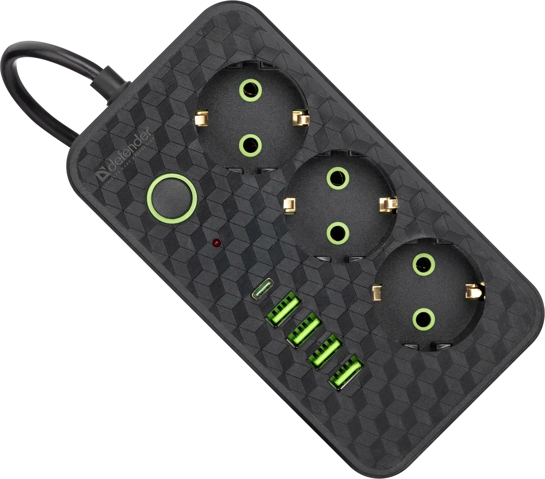 Удлинитель Defender без заземления R220 3 м, 3 розетки, 4xUSB, 1xType-C, черный (99293) Удлинитель Defender без заземления R220 3 м, 3 розетки, 4xUSB, 1xType-C, черный (99293)