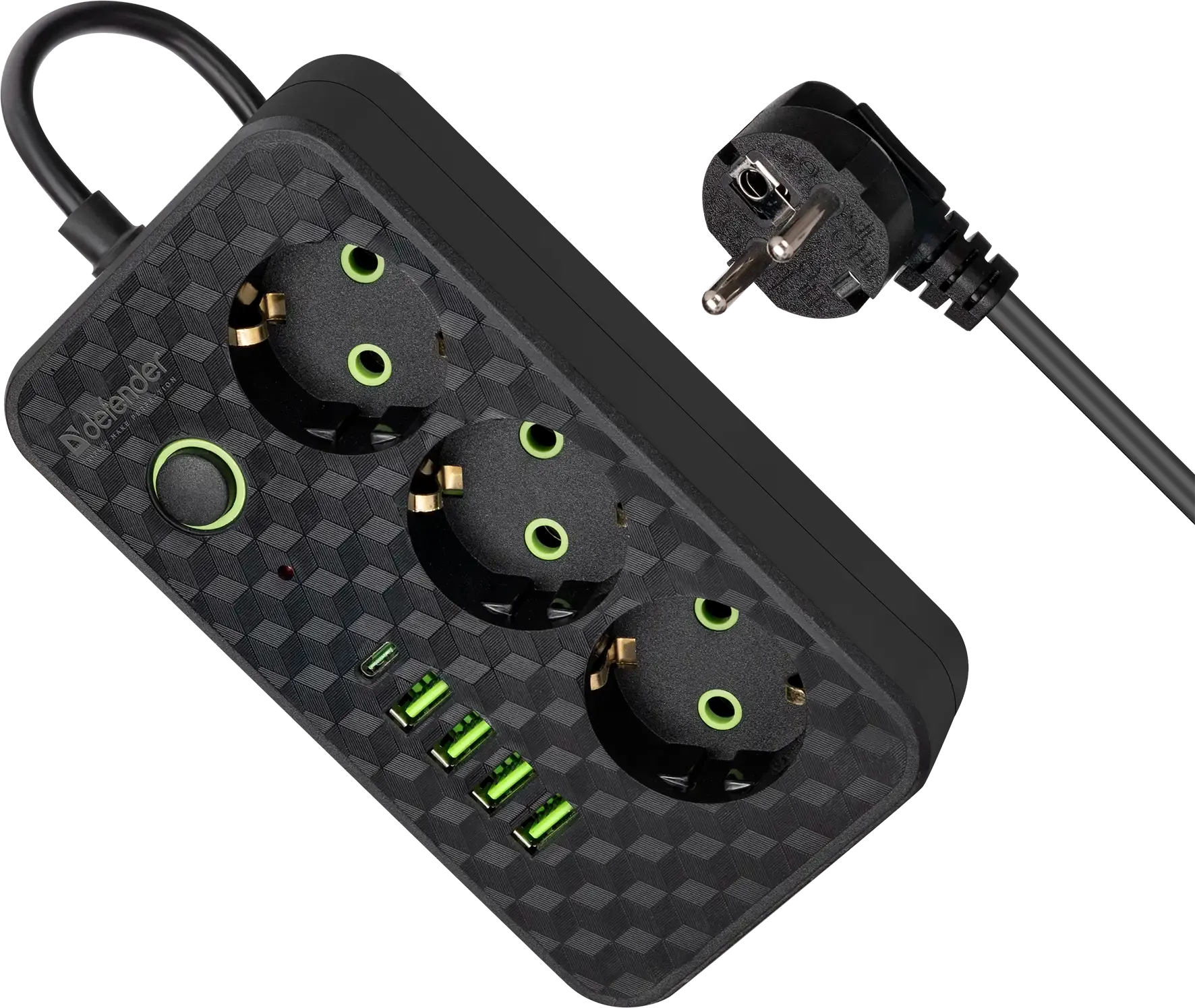 Удлинитель Defender без заземления R220 3 м, 3 розетки, 4xUSB, 1xType-C, черный (99293) Удлинитель Defender без заземления R220 3 м, 3 розетки, 4xUSB, 1xType-C, черный (99293)