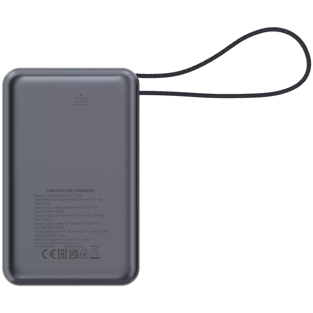 Power bank CANYON OnPower 600 built-in cable 20000 mAh PD65W Dark Grey (CNS-CPB600DG)