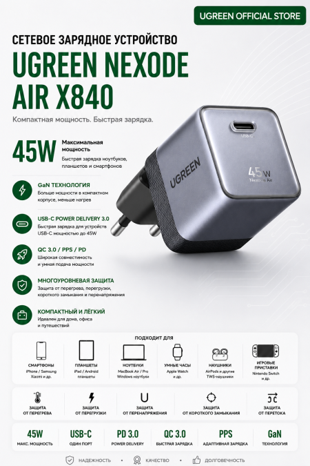 Зарядное устройство UGREEN на 1C, 45W, QC4.0/PD3.2, Nexod Air, Gan X, X840 (95692B) 