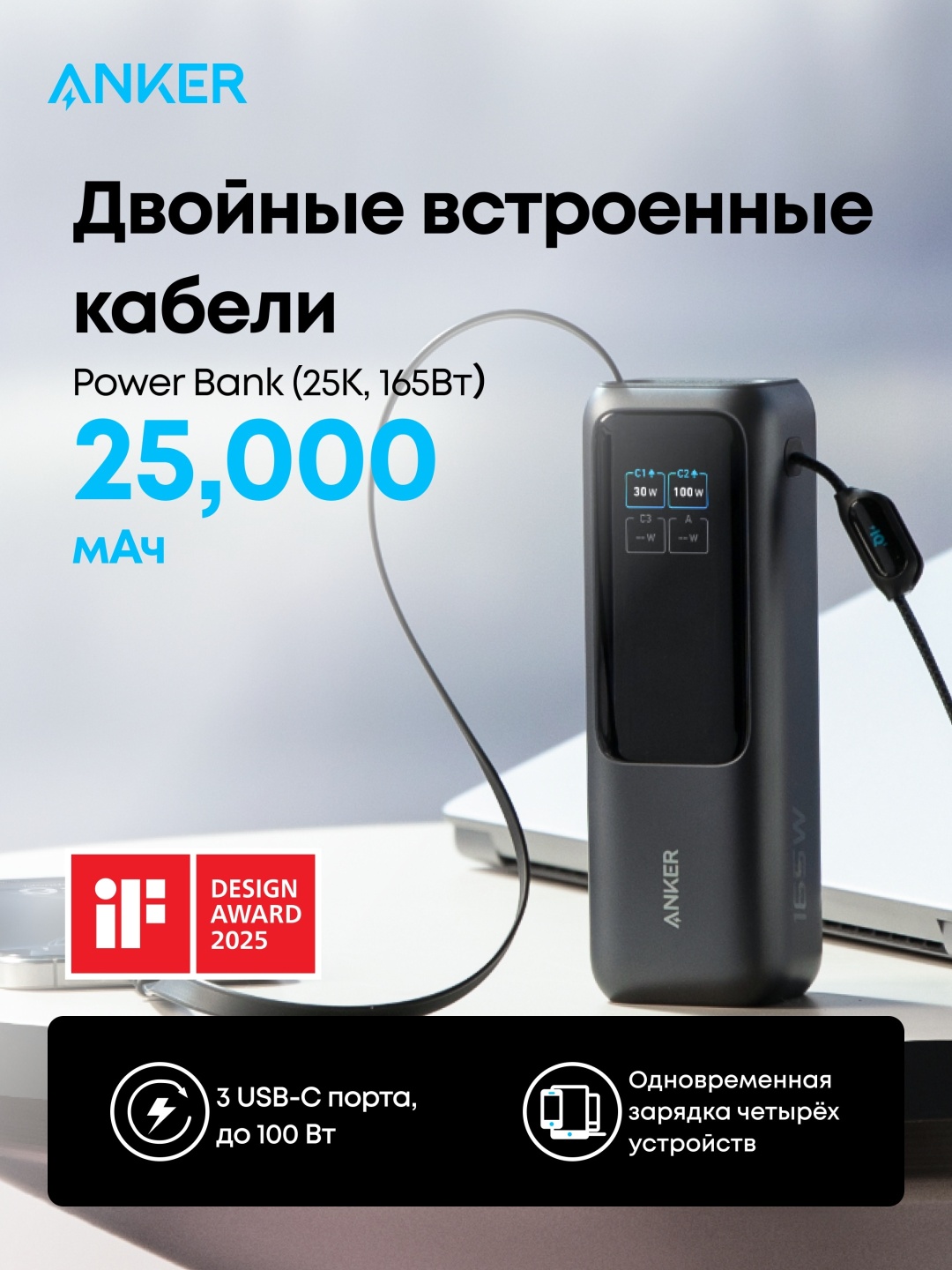 Портативный внешний аккумулятор Anker 25000mAh - Черный (A1695H11)