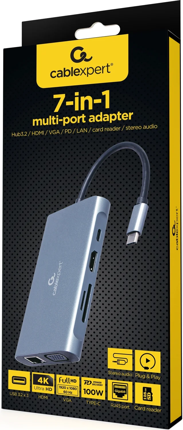 Конвертер Cablexpert USB Type-C 7-in-1 multi-port adapter space grey (A-CM-COMBO7-01)