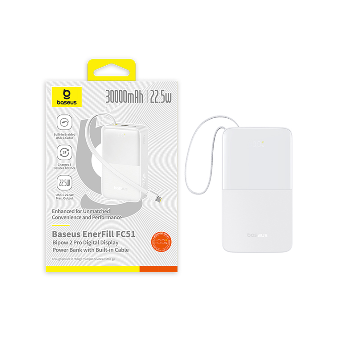 Портативный внешний аккумулятор Baseus EnerFill FC51, 30000mAh 22.5W - Moon White (E0028101)