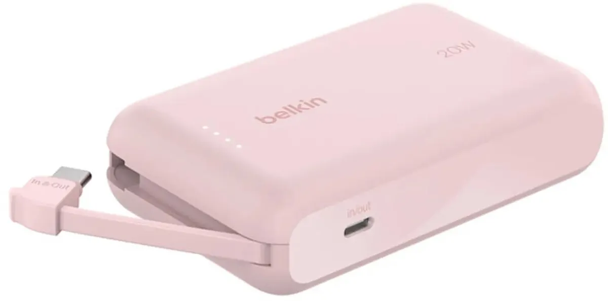 Портативный внешний аккумулятор Belkin 10k PD20w Integrated USB-C Cable, Pink (BPB021HQPK)