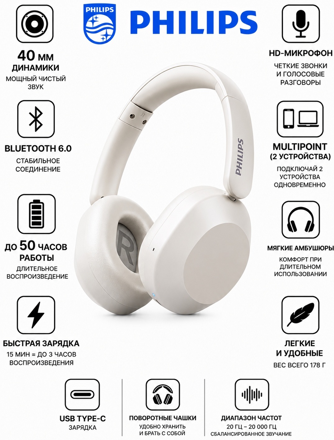 Наушники Philips TAH1020, White (TAH1020-WH)