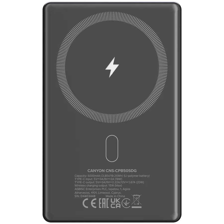 Power Bank CANYON OnPower 505 slim Magnetic 5000 mAh PD20W Dark Grey (CNS-CPB505DG)