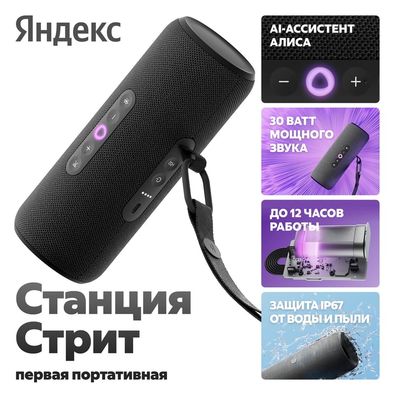 Колонка Яндекс.Станция Стрит c Алисой (2.0), Black, 30Вт Wi-Fi, BT (YNDX-00030BLK)