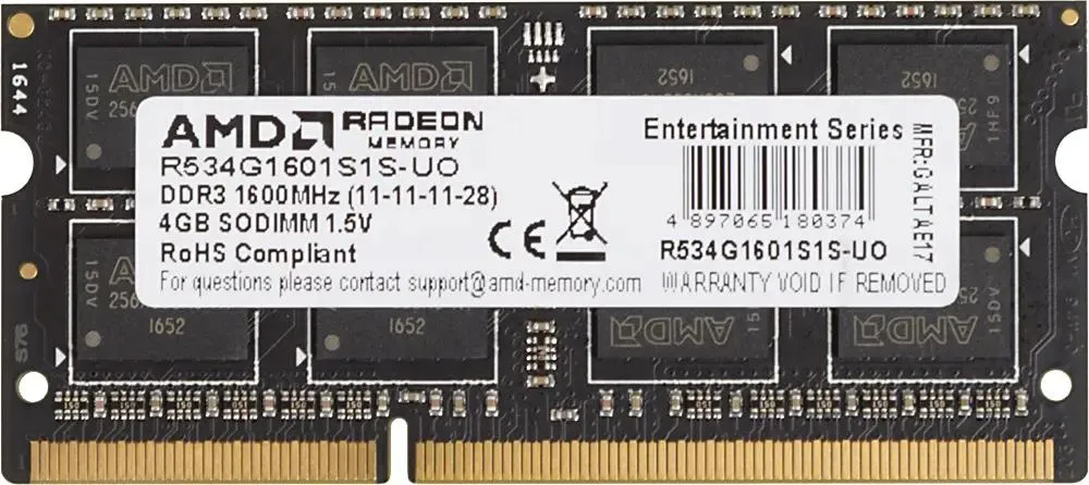 Оперативная память для ноутбука AMD Radeon R5 Entertainment Series 4Gb DDR3 1600MHz (R534G1601S1S-U)