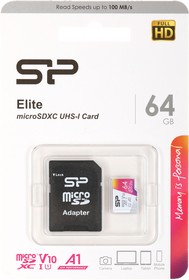 Карта памяти microSDXC  64GB, Silicon Power, Class 10 + adapter (SP064GBSTXBV1V20SP)