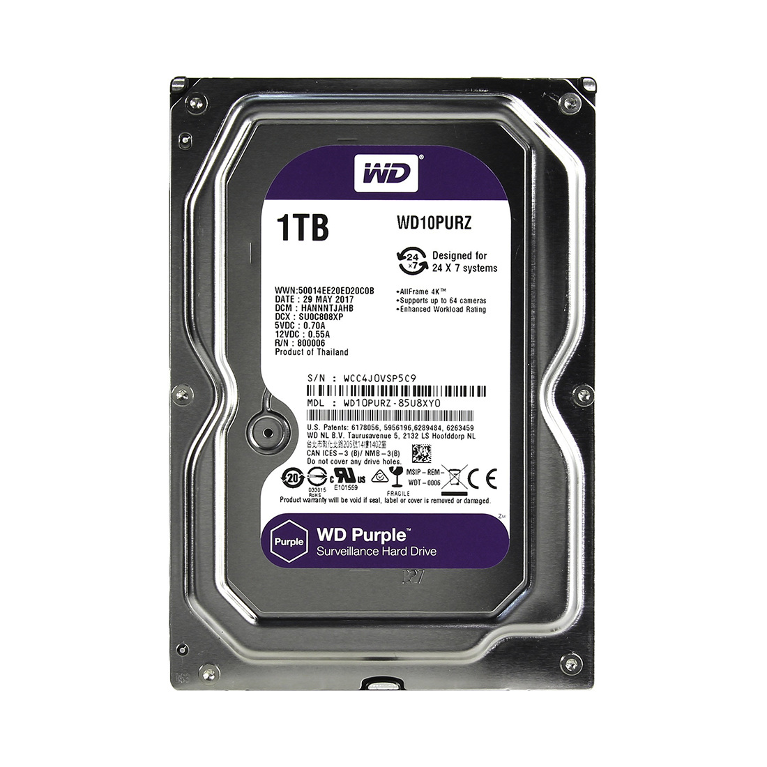Жёсткий диск WD Purple WD10PURZ 1ТБ 3,5" 5400RPM 64MB (SATA-III) DV&NVR (WD10PURZ)