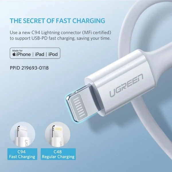 Кабель UGREEN USB C - Lightning(m) 8-pin, 1m US304 (60759)
