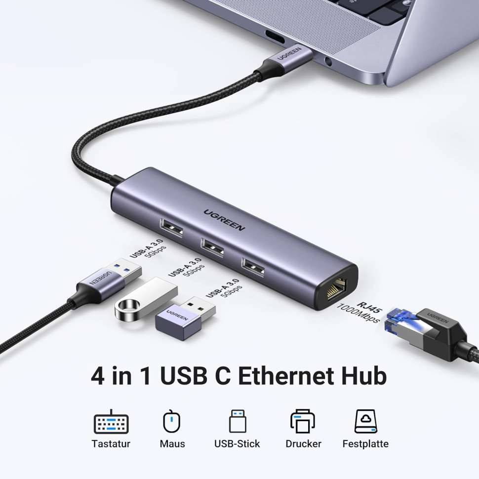 Конвертер USB 3.1(m) Type C на LAN RJ-45,1000Mbps + USB 3.0 HUB 3 port, 0.2m CM475 (60600)