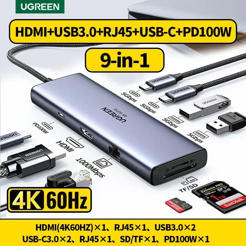Конвертер USB 3.1(m) Type C на HDMI/LAN/CardReader/Type Cx2/USB 3.0x2/PD 100W CM498 (15375)