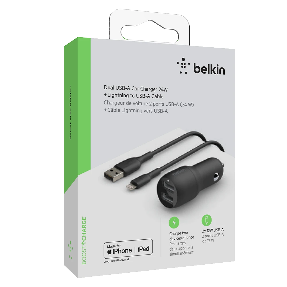 Автомобильное зарядное устройство Belkin, 24W Dual USB-A, USB-A-Lightning, 1m, Black (CCD001bt1MBK)