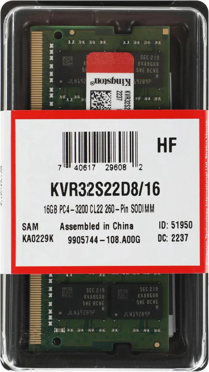 Оперативная память для ноутбука Kingston KVR32S22D8/16WP DDR4 SO-DIMM 16Gb 3200MHz (KVR32S22D8/16WP)