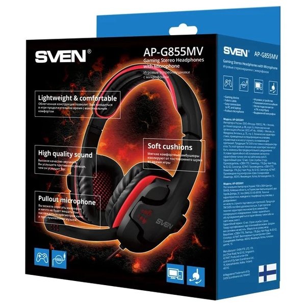 Игровые стереонаушники с микрофоном SVEN AP-G855MV, черный-красный (SV-015640)