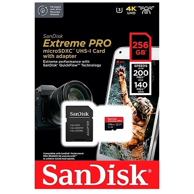 Карта памяти MicroSDXC 256GB SanDisk Extreme PRO, UHS-I 200MB/s, Class 10 (SDSQXCD-256G-GN6MA)