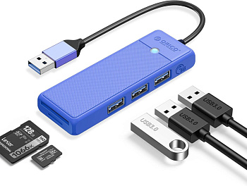 USB хаб 3.0 3 port HUB+TF/SD, 0.15m (ORICO-PAPW3AT-U3-015-BL-EP)