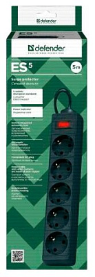 Сетевой фильтр Defender ES 5 метров, 5 розеток,  Предохранитель, Черный, original (99486)