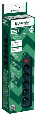 Сетевой фильтр Defender ES 3 метра, 5 розеток, Предохранитель, Черный, original (99485)