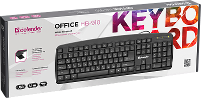 Клавиатура проводная Defender Office HB-910, (Черный), USB,  ENG/RUS, полноразмерная (45910)