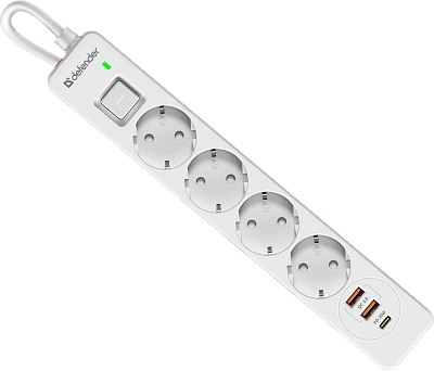 Сетевой фильтр Defender DFS 143 - 3,0 М, 4 розеток, 2xUSB, 1xType-C, белый (99434)