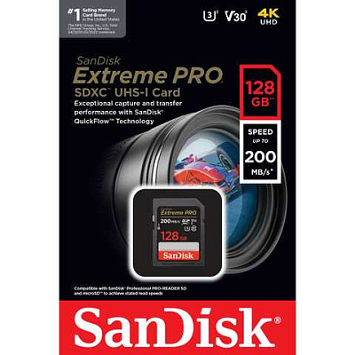 Карта памяти SanDisk 128 ГБ Extreme PRO SDXC UHS-I, V30, U3 (SDSDXXD-128G-GN4IN)