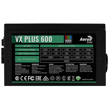 Блок питания, Aerocool, VX-600 PLUS, 600W, ATX, Чёрный (VX-600 PLUS)
