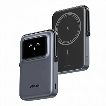 Пауэрбанк UGREEN PB572 10000mAh mini Magnetic Robot Wls 20W(7.5W) USB-C With Hoder Grey (45327)