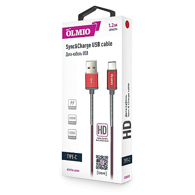 Кабель OLMIO HD, USB 2.0 - USB Type-C, 1.2м, 2.1A, красный (38839)