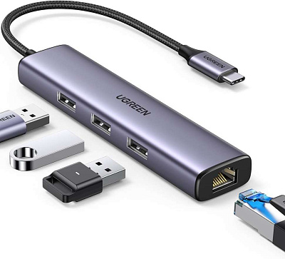 Конвертер USB 3.1(m) Type C на LAN RJ-45,1000Mbps + USB 3.0 HUB 3 port, 0.2m CM475 (60600)