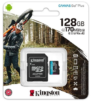 Карта памяти Kingston 128GB microSDXC Canvas Go Plus 170R/90W A2 U3 V30 Card + Adapter, SDCG3/128GB (SDCG3/128GB)