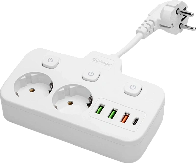 Удлинитель Defender без заземления R240 0.2м, 2 розетки, 3xUSB, 1xType-C, белый (99295)