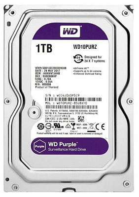 Жёсткий диск WD Purple WD10PURZ 1ТБ 3,5" 5400RPM 64MB (SATA-III) DV&NVR (WD10PURZ)