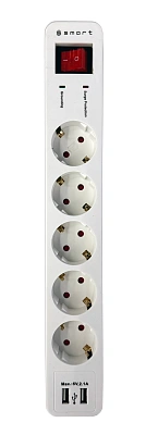 Сетевой фильтр SMART SM-G5WU-5M, 5 розеток, 2xUSB 5V/2.1A, 5м, White (SM-G5WU-5M)