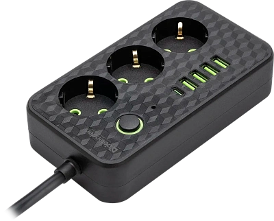 Удлинитель Defender без заземления R220 3 м, 3 розетки, 4xUSB, 1xType-C, черный (99293)
