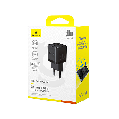 Адаптер питания Baseus Palm C+U 30W Black ( в комлпекте кабель Type-c) (P1011160A113-01)