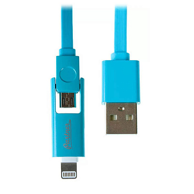 Кабель OLMIO USB 2.0 - microUSB/Apple 8pin, 2-в-1, 1м, 2.1A, голубой, плоский (38865)