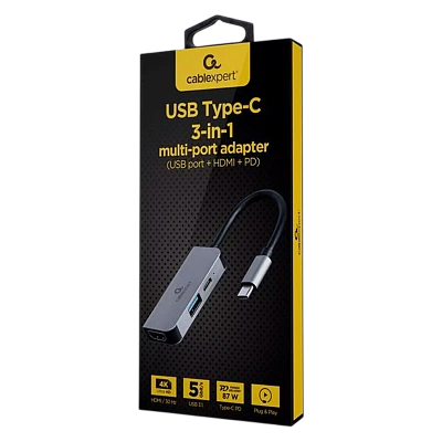 Конвертер Cablexpert USB Type-C 3-in-1 multi-port adapter (USB port   HDMI   PD), silver (A-CM-COMBO3-02)