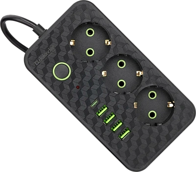 Удлинитель Defender без заземления R220 3 м, 3 розетки, 4xUSB, 1xType-C, черный (99293)