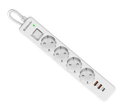 Сетевой фильтр Defender DFS 141 - 1,5 М, 4 розеток, 2xUSB, 1xType-C, белый (99433)